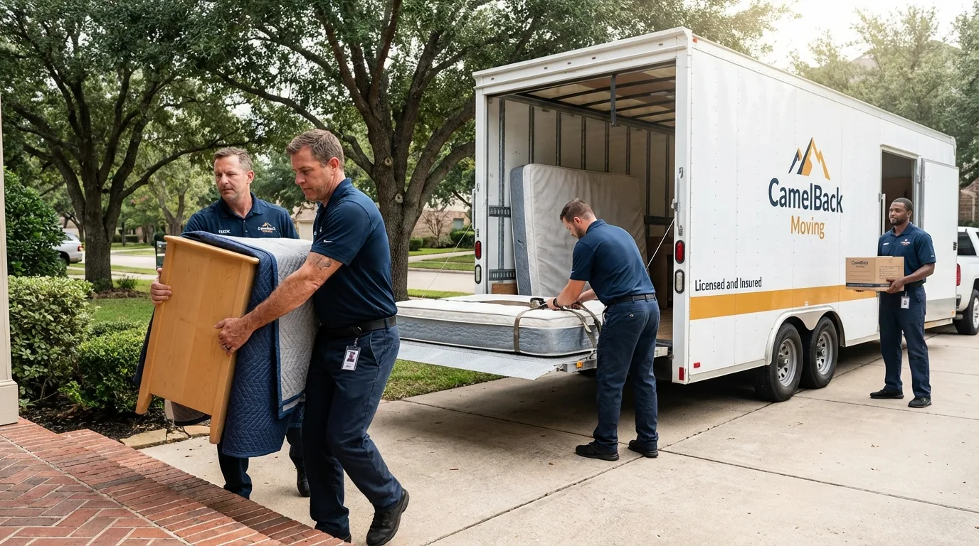 Crew loading residential truck for cross-state move from Aquebogue, NY