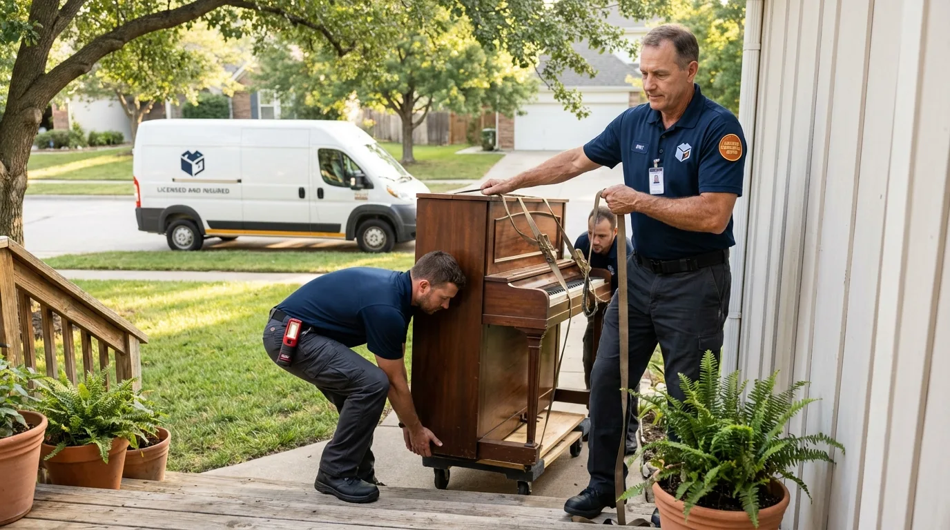 Licensed piano movers securing grand piano in Aquebogue, NY