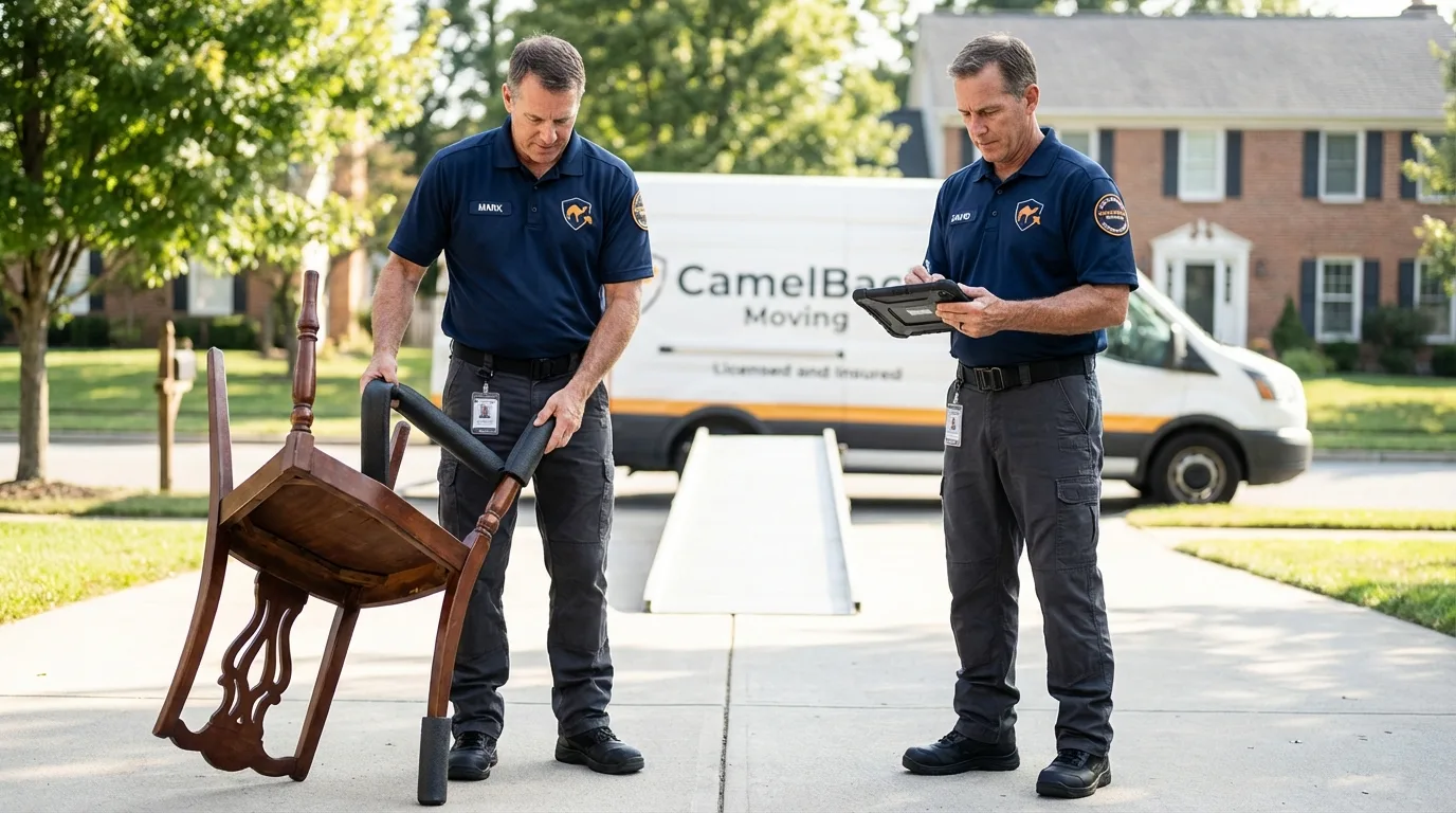 Movers inspecting furniture for damage prevention before loading in Aquebogue, NY