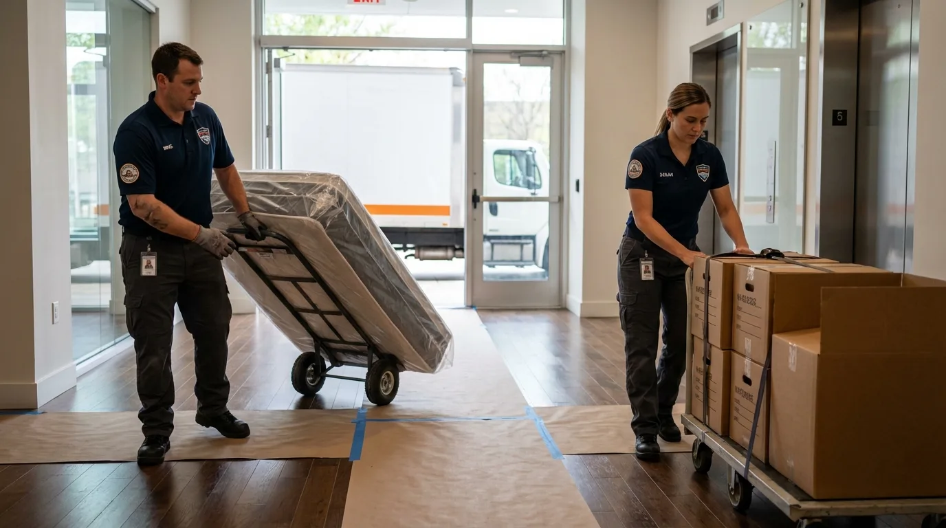 Professional apartment movers loading elevator in Aquebogue, NY