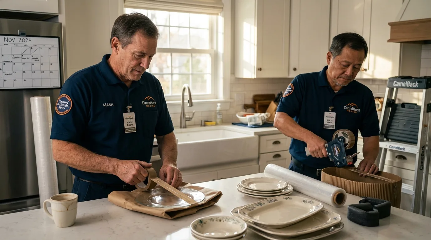 Professional crew packing kitchen dishware in Aquebogue, NY